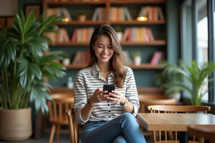 Jeune femme souriante avec smartphone dans un café