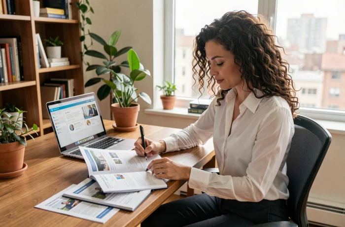 Femme professionnelle en train de comparer des formations pour booster sa carrière à son bureau à domicile