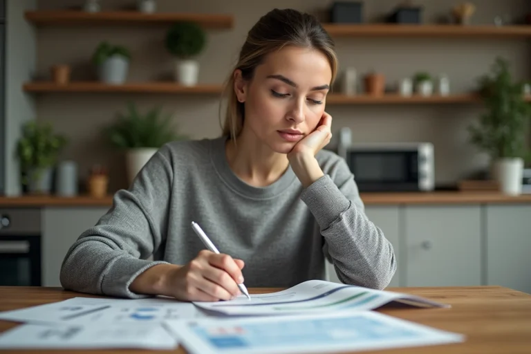 Femme consultant des offres de crédit à la maison, comparant des documents financiers sur une table en bois