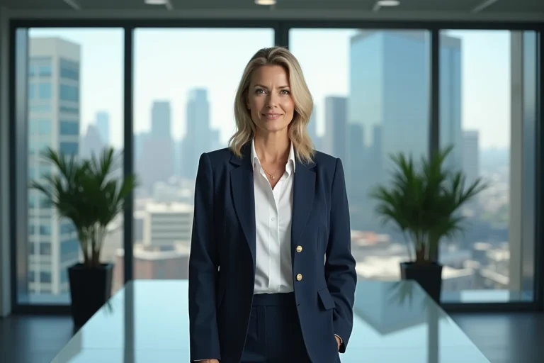 Femme confiante en blazer dans un bureau moderne