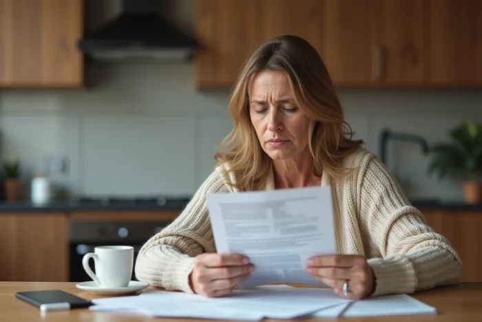 Femme attentivement à son contrat d'électricité à la maison