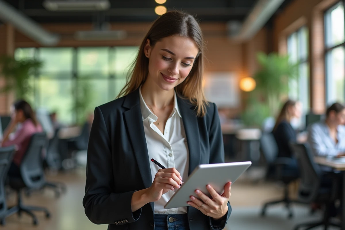 Jeune femme en coworking prend des notes sur un tablet
