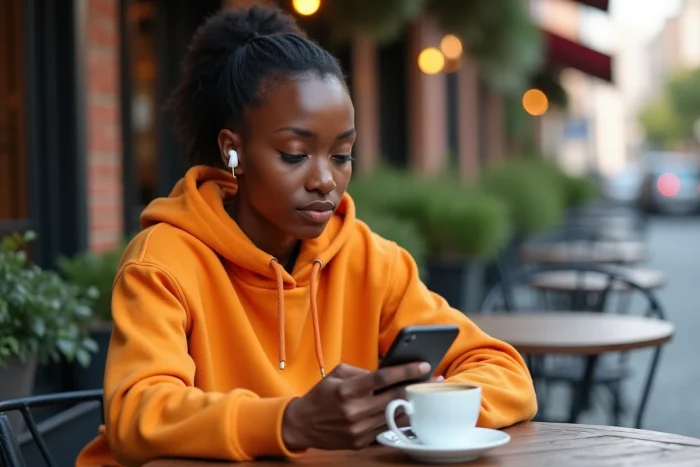 Femme écoutant et regardant un match de cricket en direct sur mobile dans un café en plein air