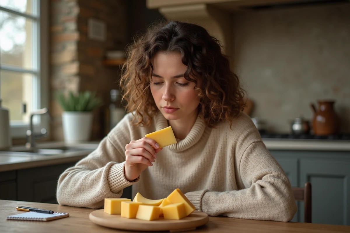 Jeune femme dégustant du fromage dans une cuisine chaleureuse