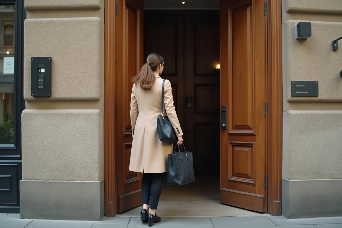 Jeune femme entrant dans un immeuble ancien avec porte en bois