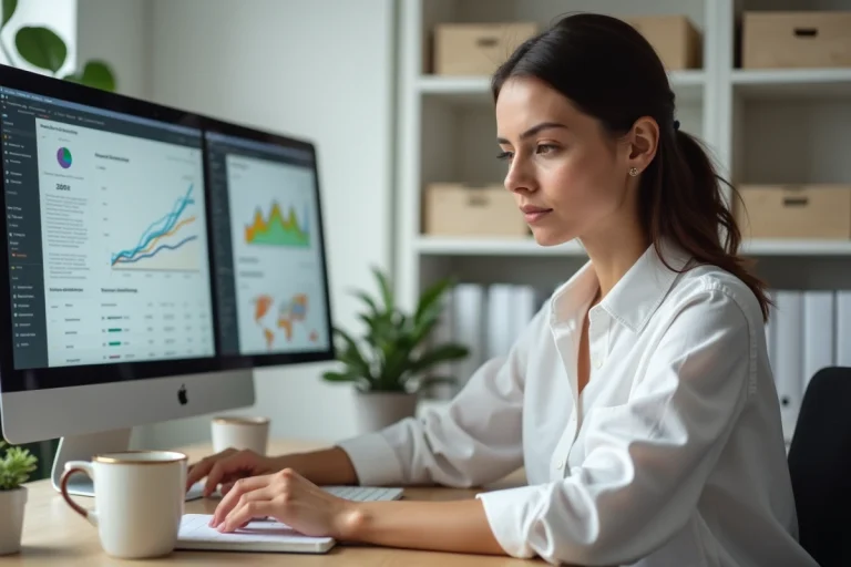 Femme entrepreneur analysant les statistiques de son business en ligne sur deux écrans dans un bureau minimaliste