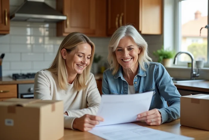 Mère et fille discutant de papiers dans la cuisine