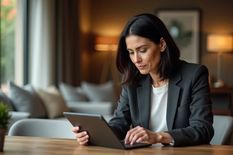 Femme d'âge moyen consulte des annonces immobilières sur une tablette
