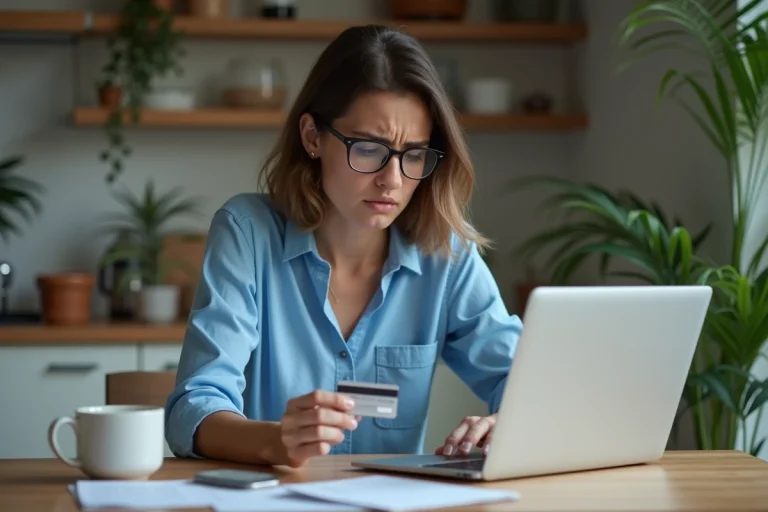 Femme inquiète utilisant son ordinateur et sa carte bancaire