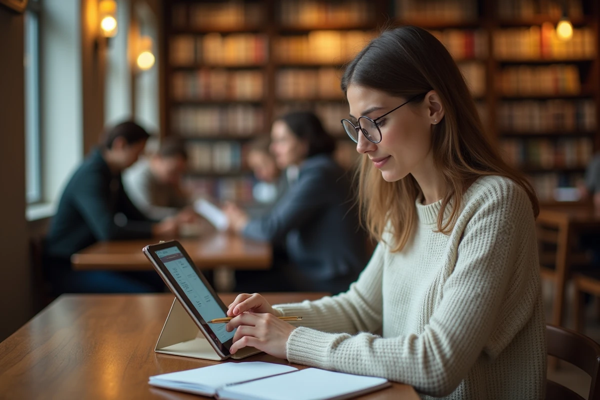 Femme lisant un livre dans une bibliothèque chaleureuse