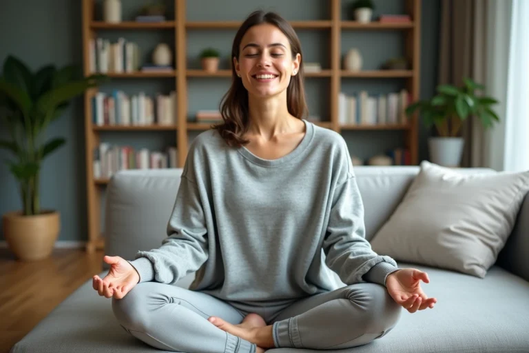 Femme méditant dans un salon moderne et paisible