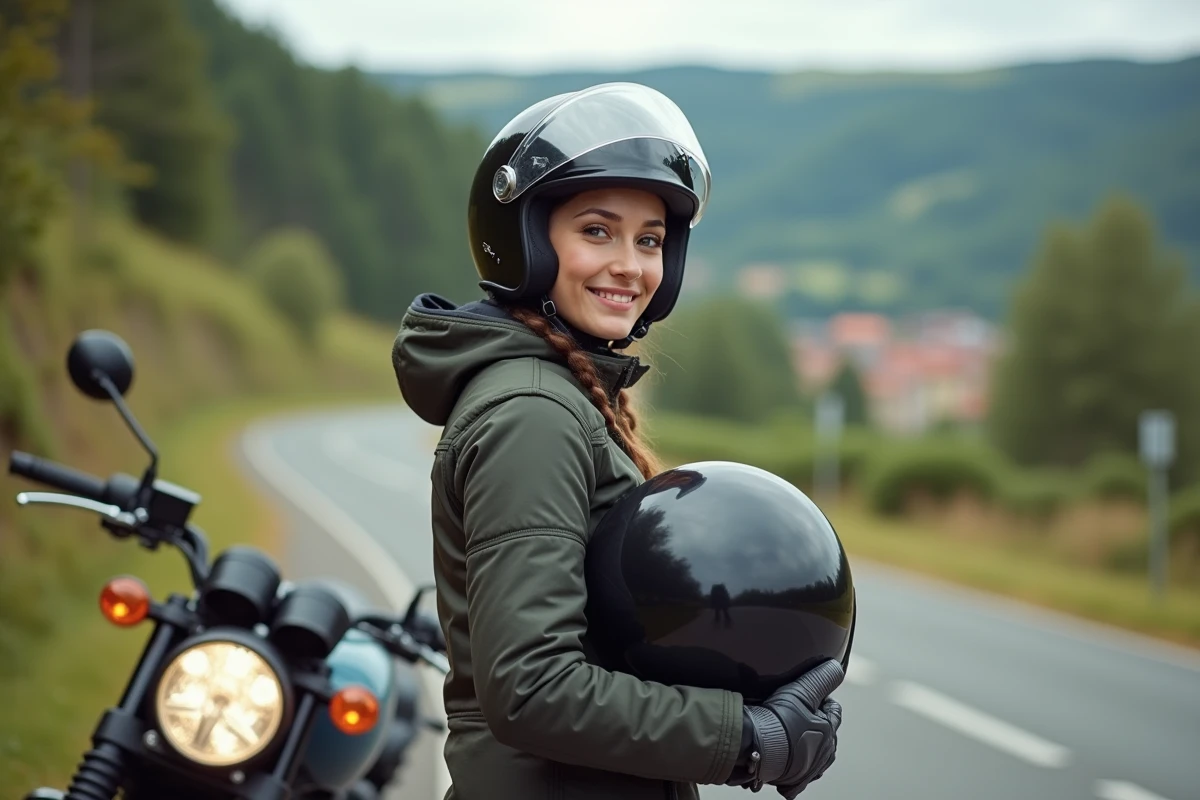 Jeune femme motard souriante avec casque et moto en extérieur