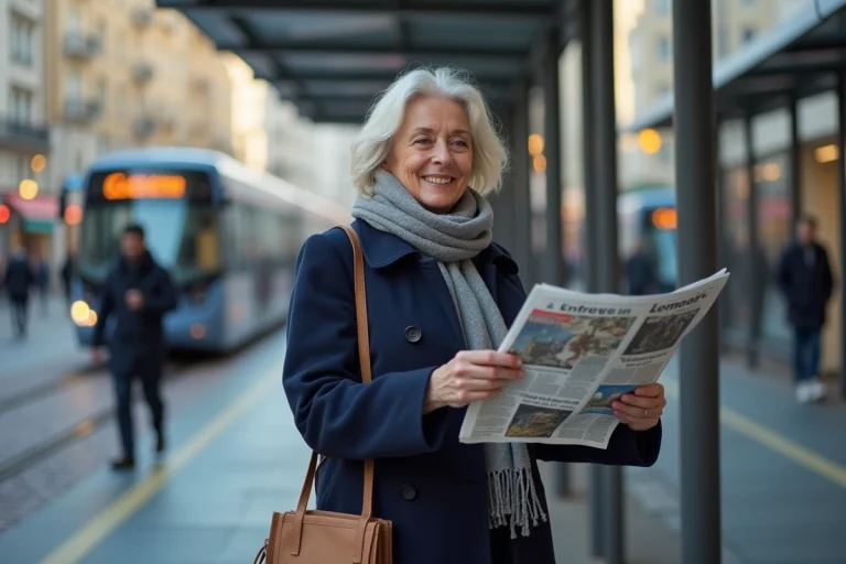 Femme en manteau à Nantes lisant un journal