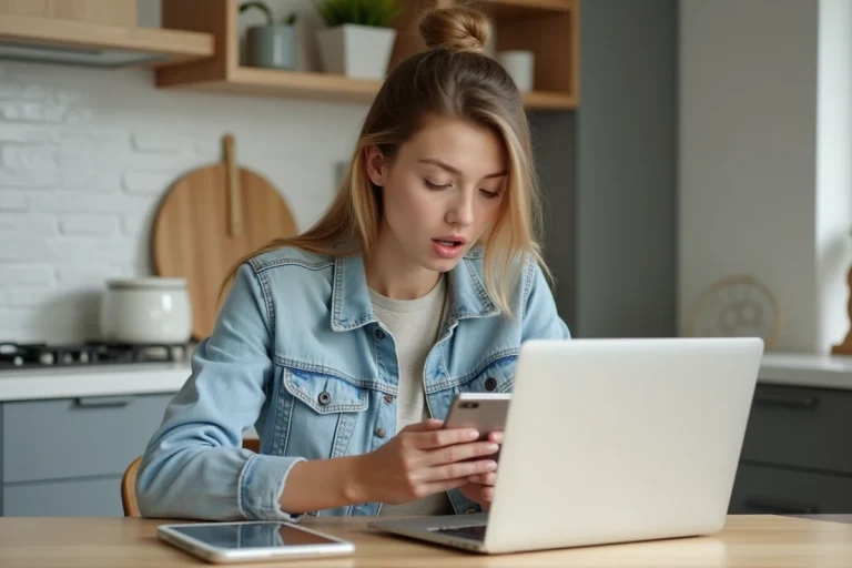 Jeune femme avec téléphone dans une cuisine moderne