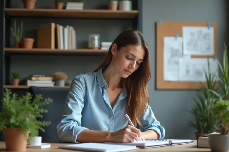 Femme concentrée à écrire dans un planner dans un bureau moderne