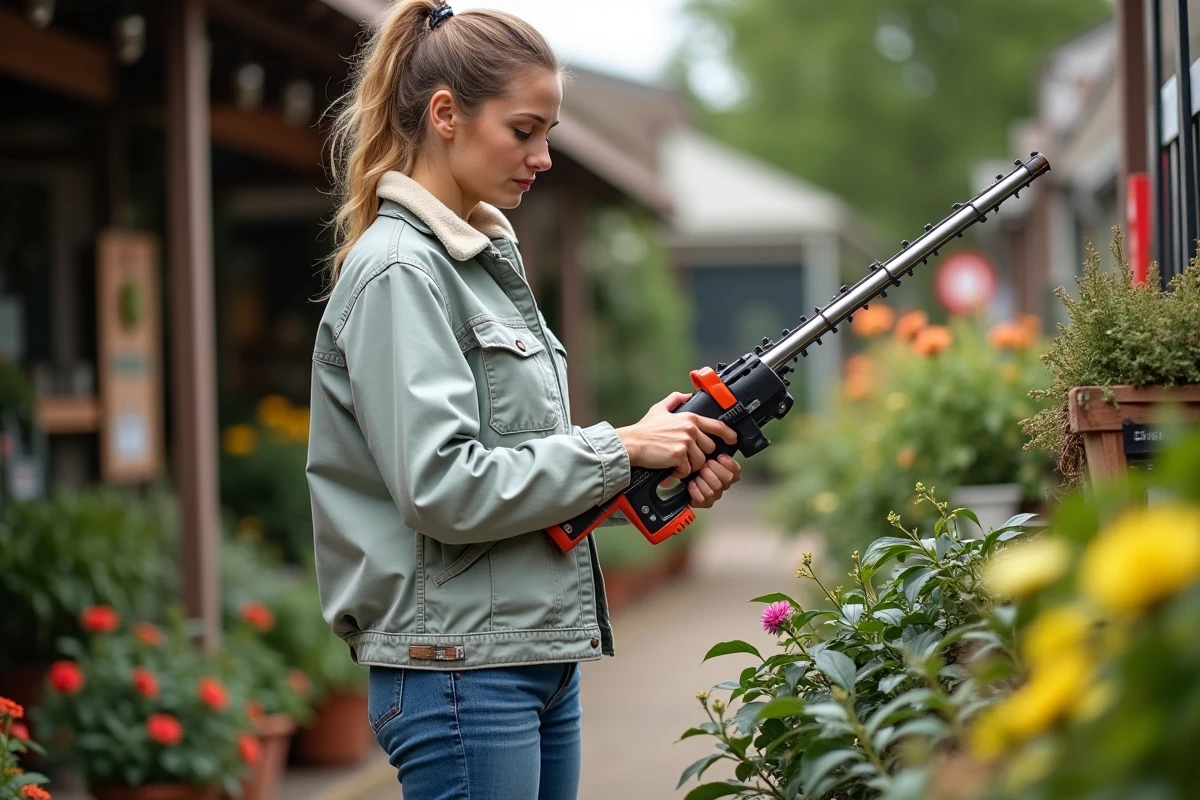 Femme comparant des outils de jardinage dans un centre de jardinage