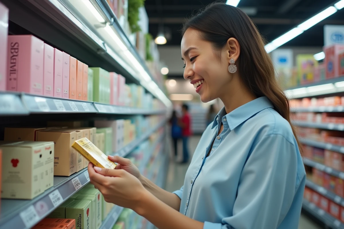 Jeune femme regardant des parfums en rayon en magasin