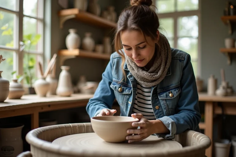 Femme en atelier de poterie façonnant une coupe en argile