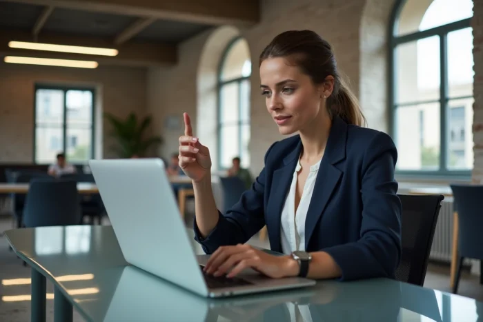 Jeune femme professionnelle en coworking à Paris regarde des maquettes d'application