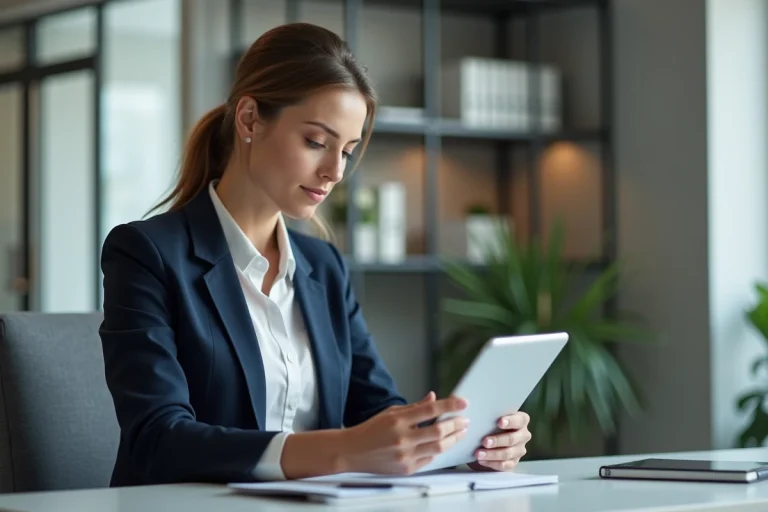 Femme professionnelle lisant des actualites financières