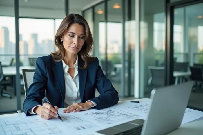 Femme professionnelle analysant des plans immobiliers et des documents financiers dans un bureau moderne avec vue sur la ville