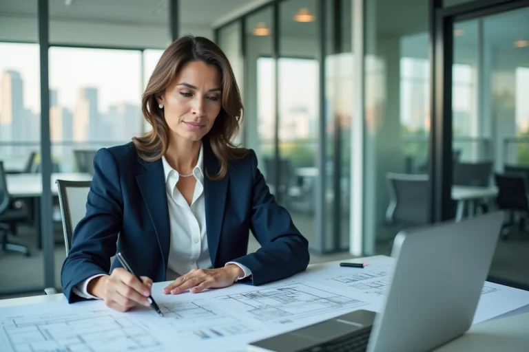 Femme professionnelle analysant des plans immobiliers et des documents financiers dans un bureau moderne avec vue sur la ville
