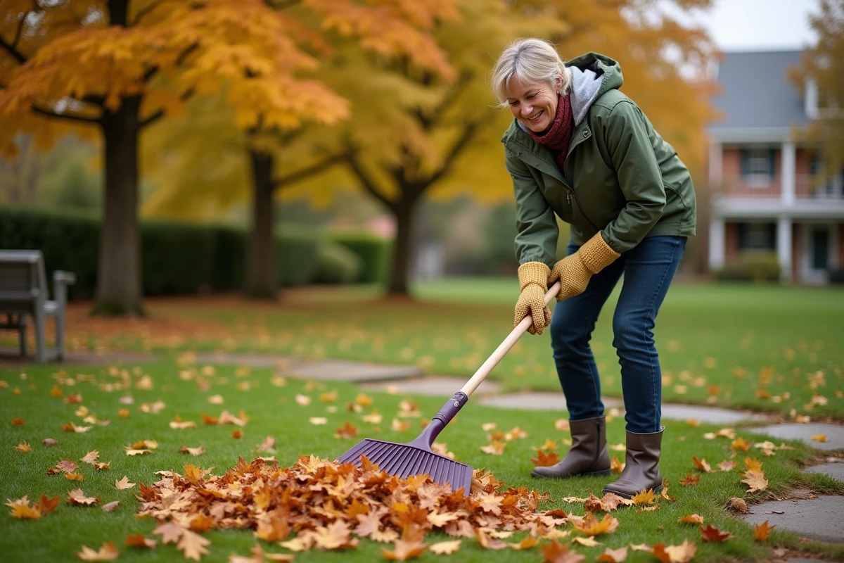 Femme ratisant des feuilles dans un jardin d