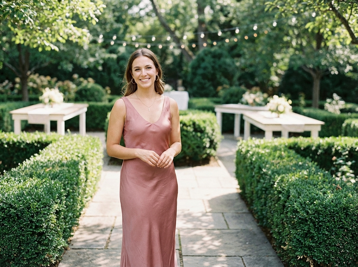 Femme en robe pastel dans un jardin de mariage