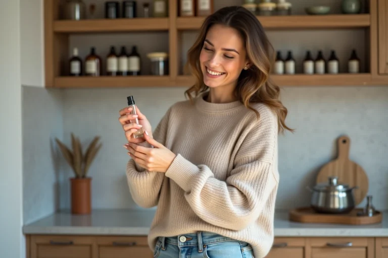 Femme souriante vaporisant du parfum dans une cuisine chaleureuse