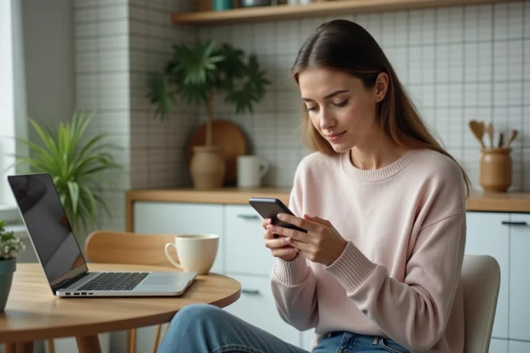 Femme utilisant son smartphone dans une cuisine moderne