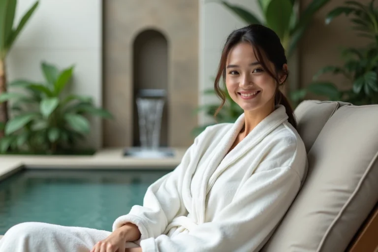 Femme détendue dans un spa avec robe blanche et décor minimaliste