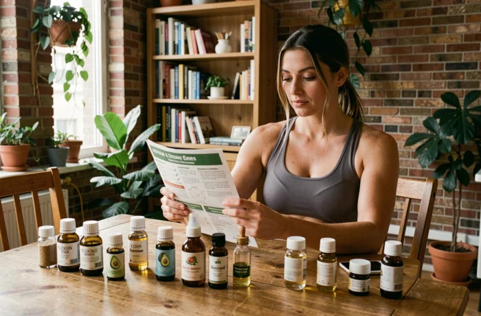 Femme sportive comparant différentes huiles pour la musculation avec un guide nutritionnel sur une table en bois dans un appartement