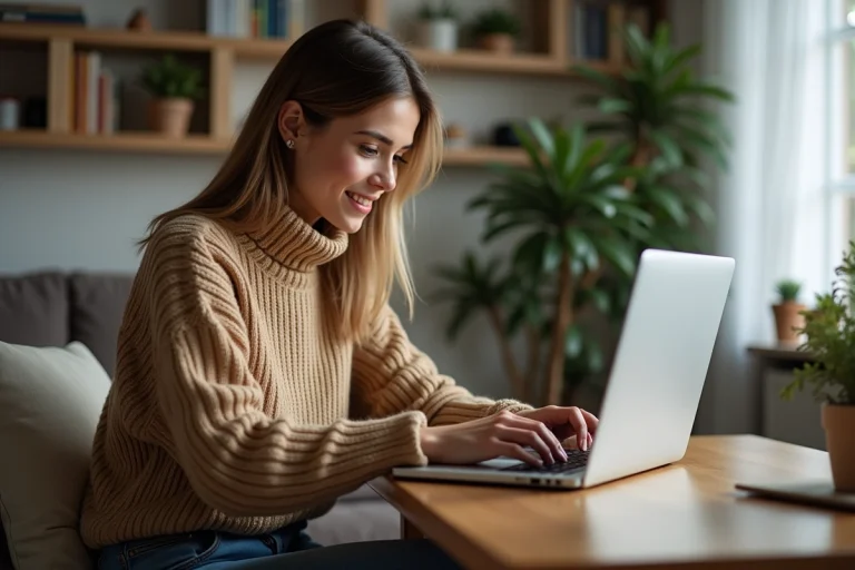 Jeune femme travaillant à domicile avec sourire naturel