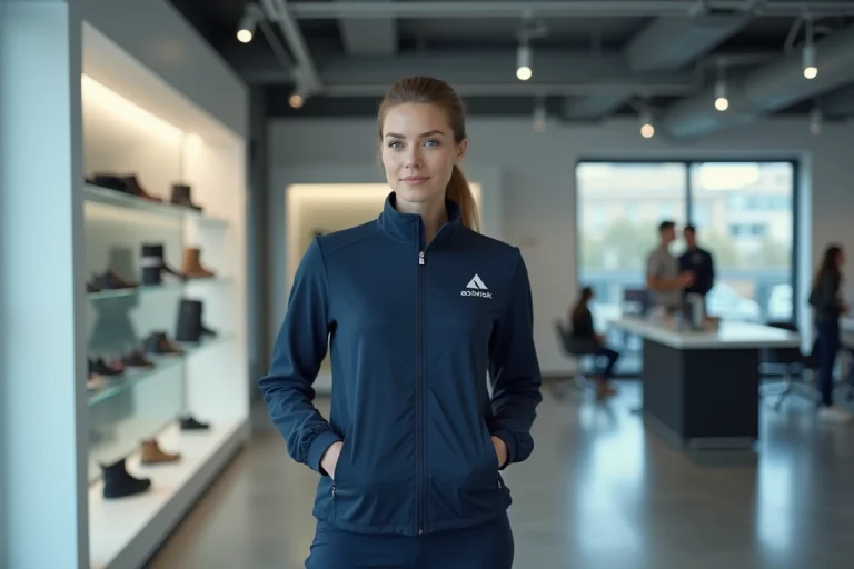 Femme portant une veste de sport Adivak dans un showroom moderne en 2026