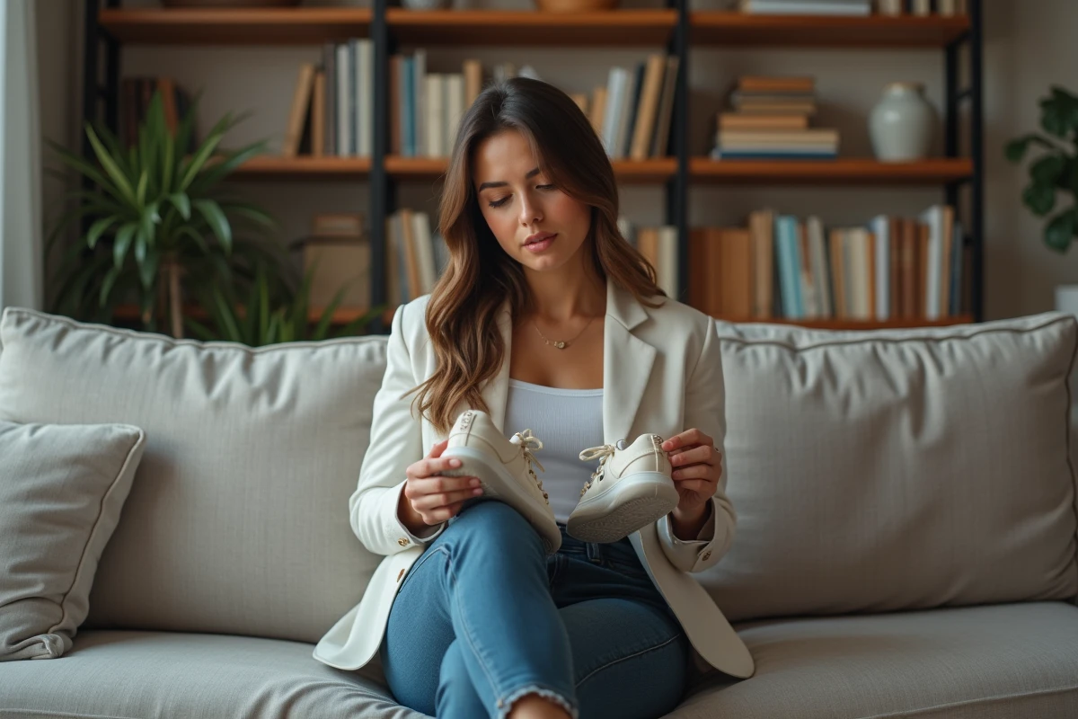 Jeune femme inspectant ses chaussures de sport dans son salon chaleureux