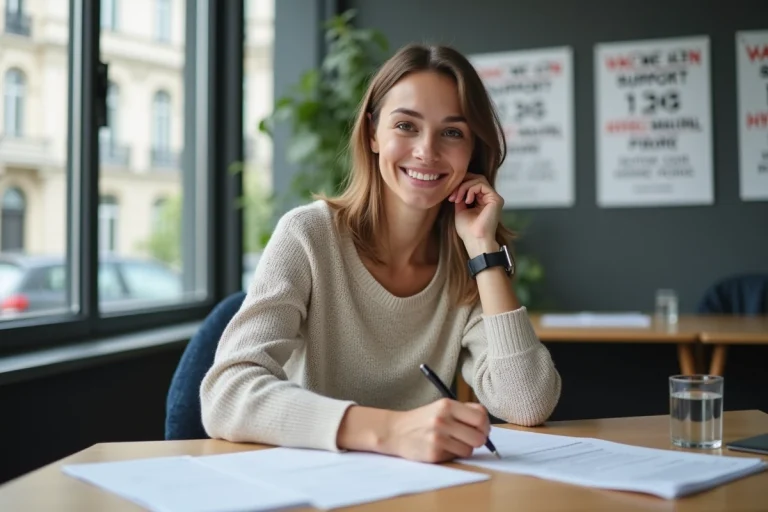 Jeune femme souriante remplissant des formulaires de vacances