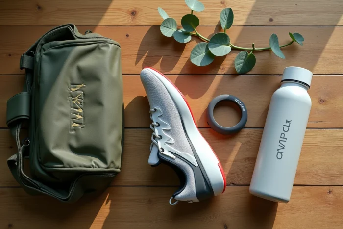 Flat-lay d'accessoires de sport Adivak sur bois brut incluant chaussures sac et gourde