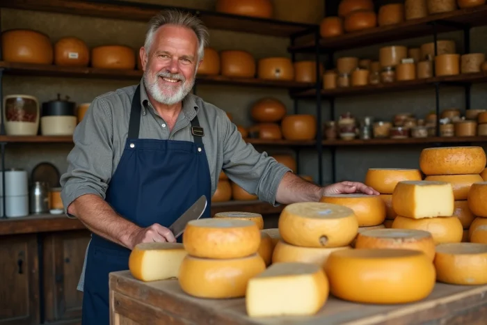 Fromager français arrangeant des fromages artisanaux