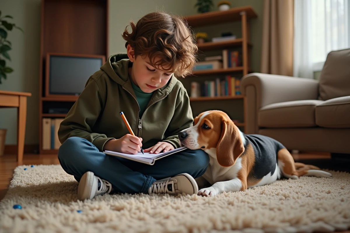 Garçon de 15 ans écrit notes avec chien dans salon