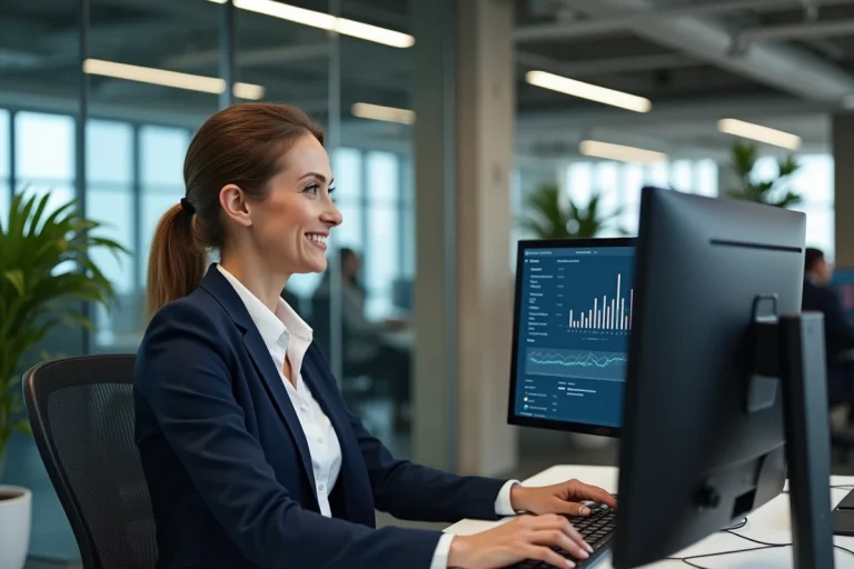 Femme professionnelle gérant son entreprise en ligne depuis un bureau moderne avec des tableaux de bord analytiques