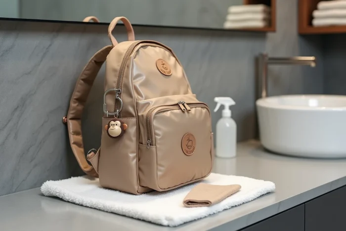 Gros plan d'un sac à dos Kipling beige posé sur une serviette blanche avec un chiffon microfibre et un spray nettoyant