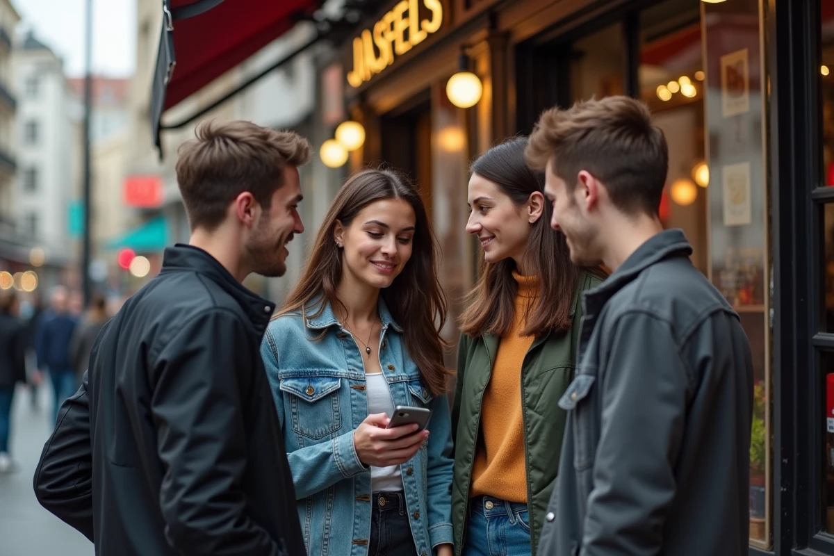 Groupe d amis discutant devant un café en ville