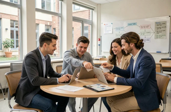 Groupe de professionnels collaborant pour choisir la meilleure formation de développement de carrière dans une salle de cours moderne