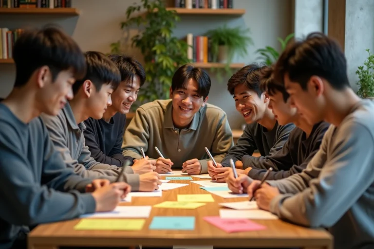 Jeunes hommes coréens souriants autour d'une table dans un café moderne