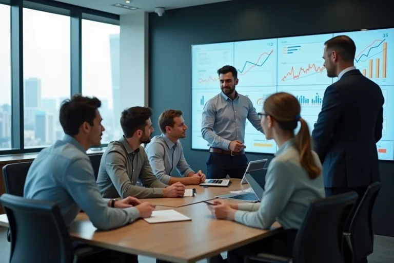 Groupe de professionnels discutant autour d'un tableau digital