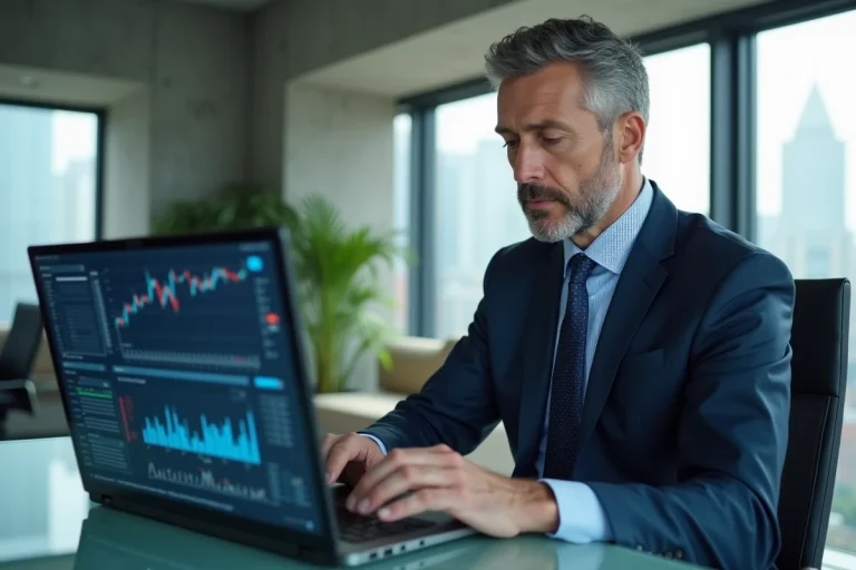 Homme d'affaires en costume analyse des graphiques financiers