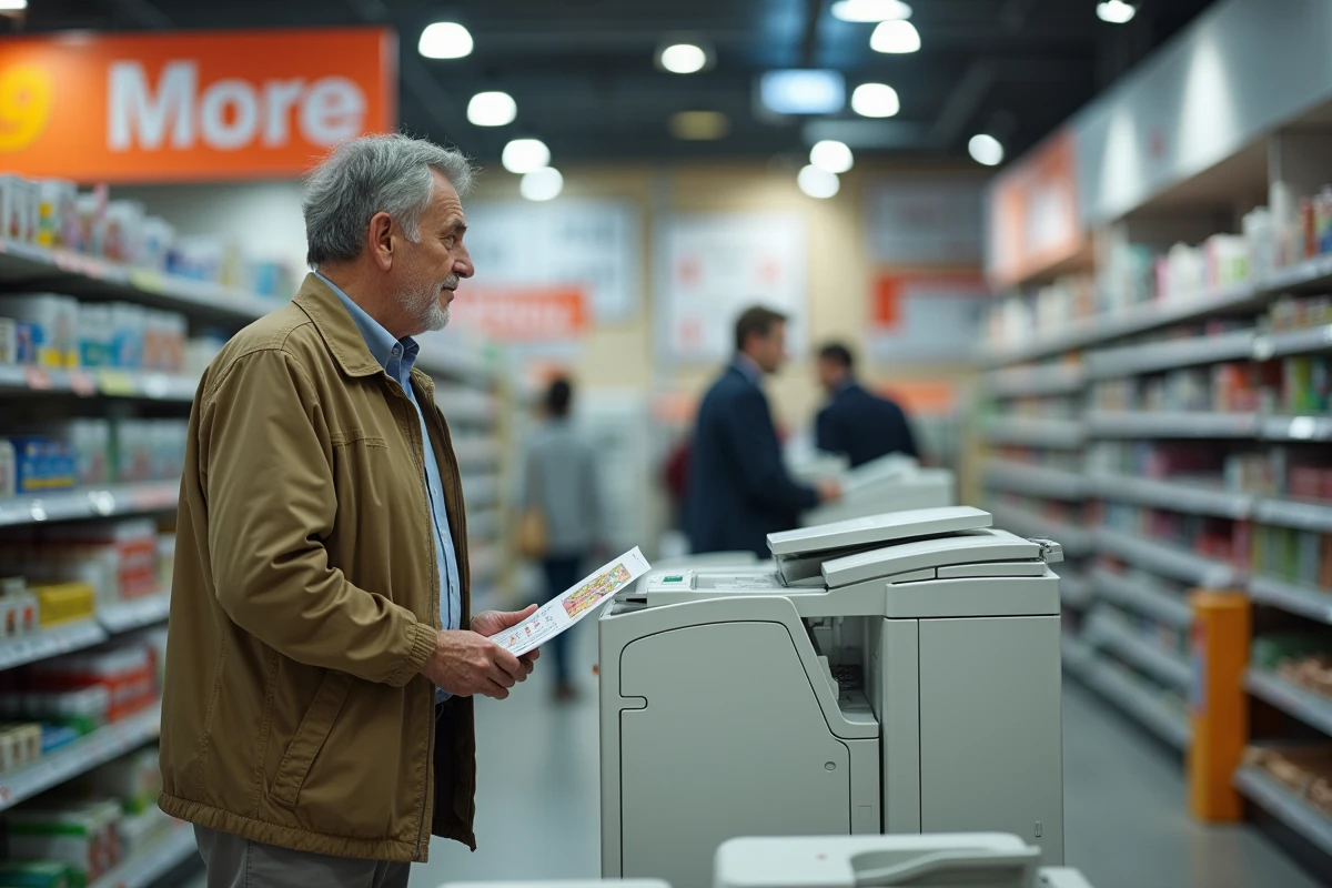 Homme âgé attendant ses copies dans un Auchan