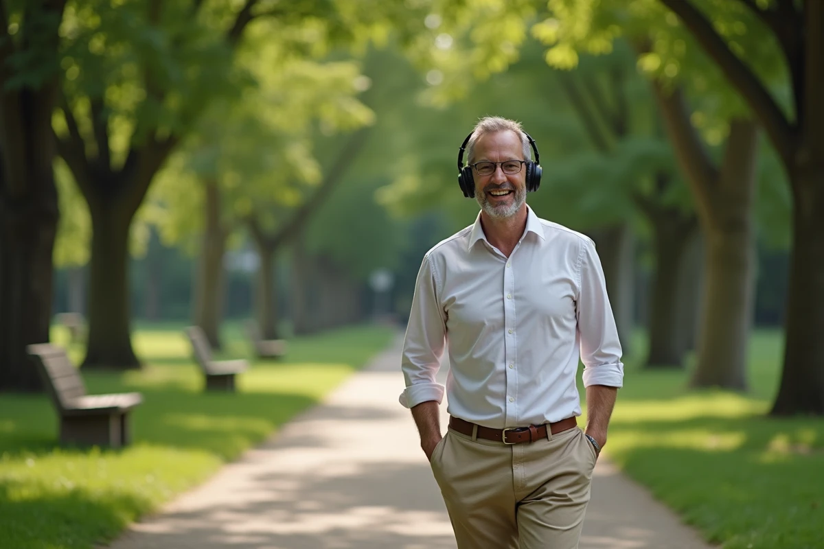 Homme souriant marchant dans un parc verdoyant