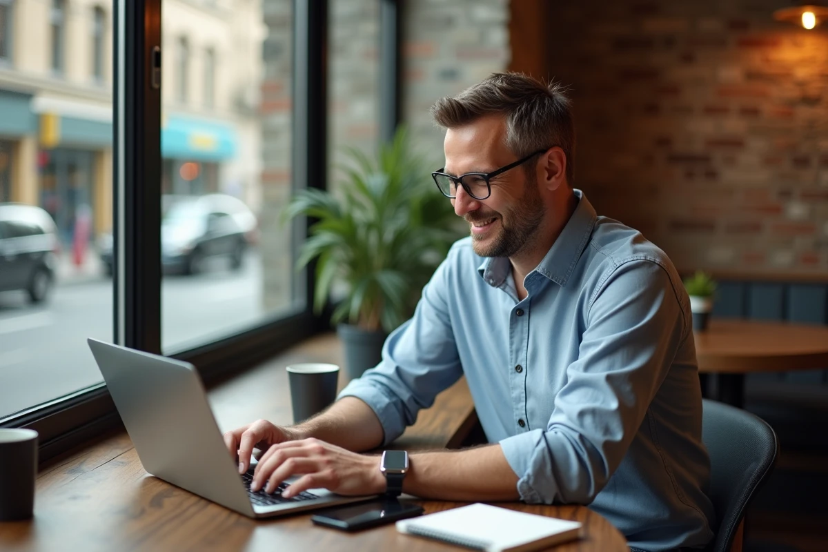 Homme au café regardant son ordinateur en ville