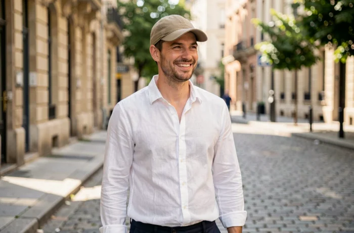 Homme portant une casquette bien ajustée à sa taille en milieu urbain, illustrant un choix de casquette adapté